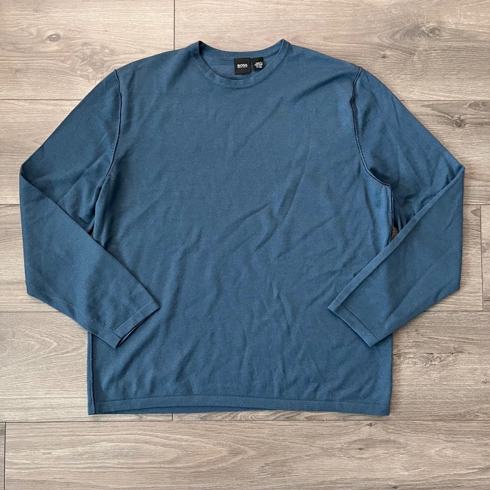 Hugo Boss Bassil Mens Large Blue Virgin Wool Blend Crew Neck Knit Sweater